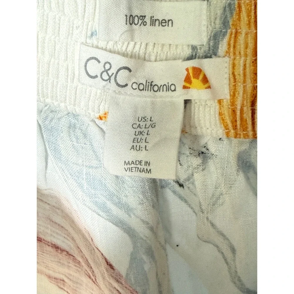 Linen Cropped Wide Leg Resort Pants Tropical‎ Floral Size L Coastal Boho